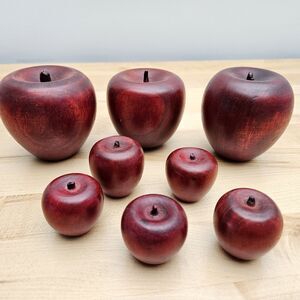 Vintage Solid Wood 3" 1.5" Tall & short Hardwood Red Apples Set Of 8 Farmhouse